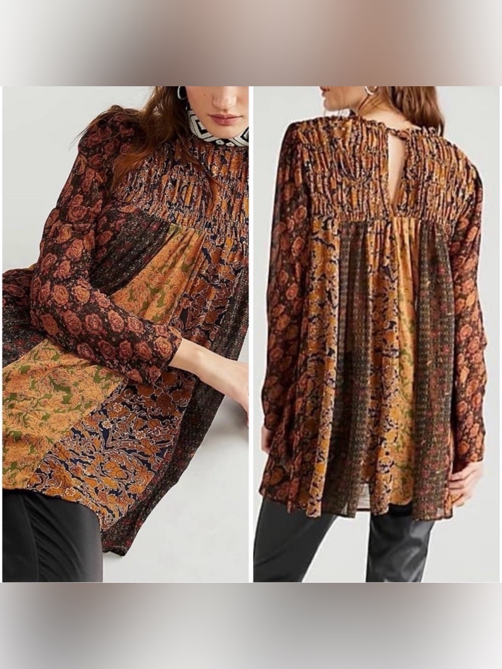 Free People Merrie Mix Smocked Chiffon Tunic Blouse Bronze Boho Women’s Medium